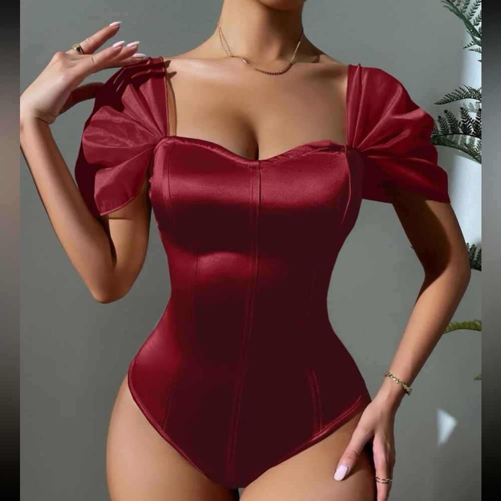 Luxe burgundy sweetheart neck satin bodysuit